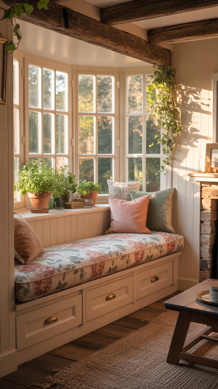 Tiny cottage living room with a built in window seat, hidden storage drawers, floral cushions, and natural light.