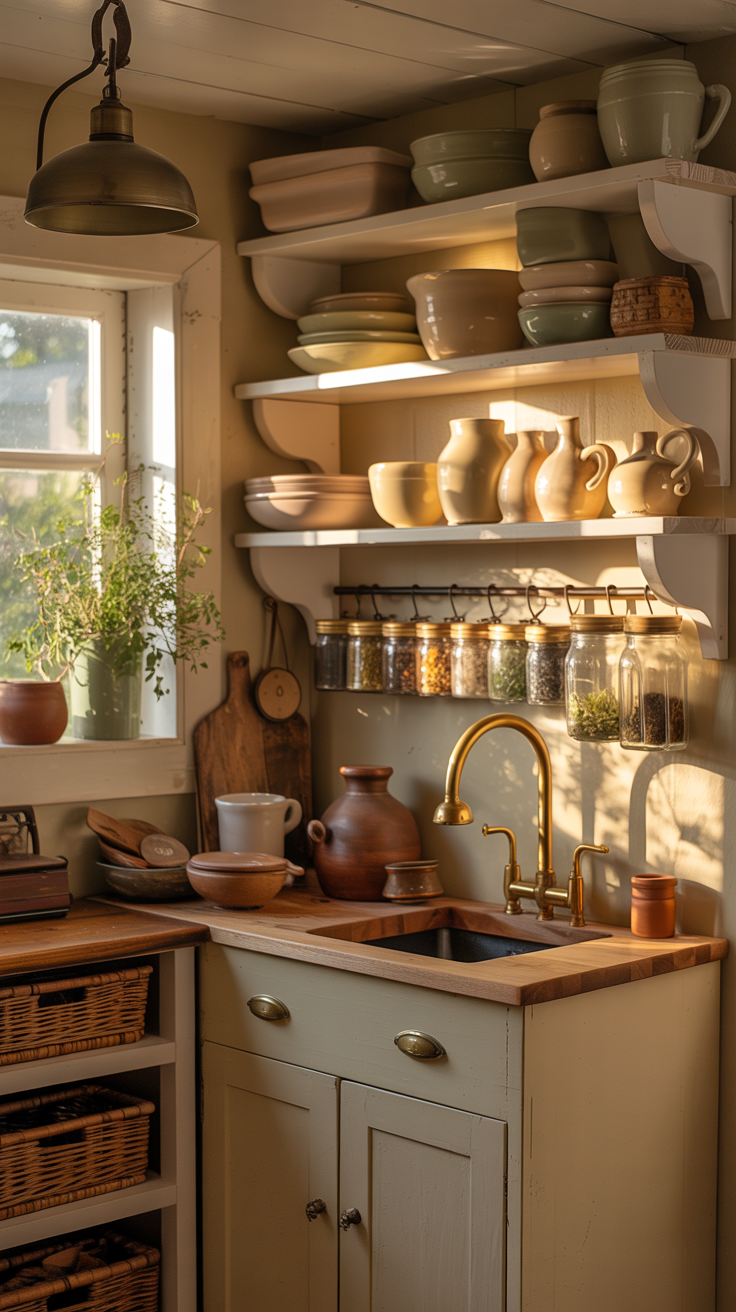 Tiny cottage kitchen with open wooden shelves, vintage pottery, brass fixtures, and efficient small space storage.