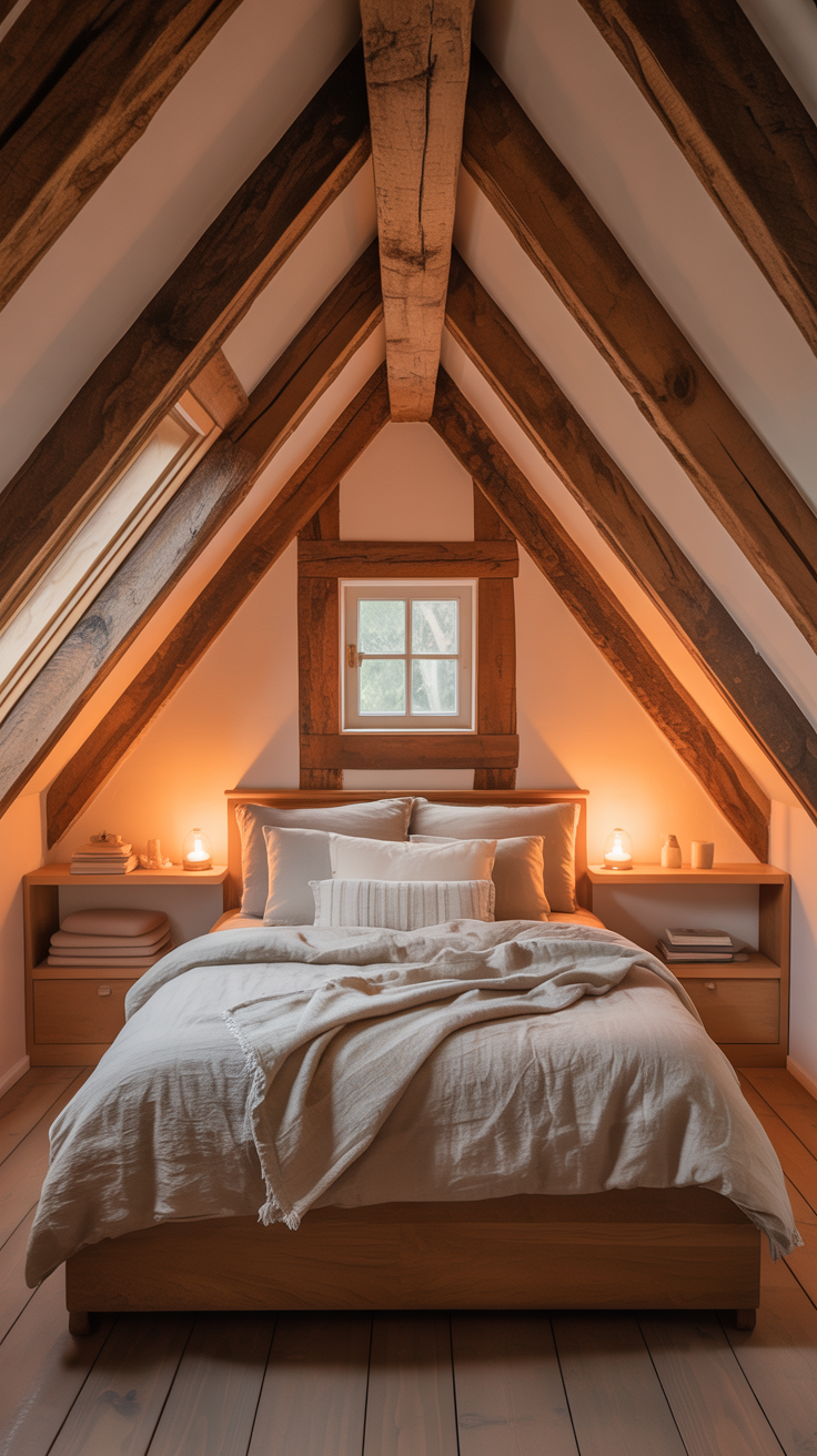 Tiny cottage loft bedroom beneath sloped ceilings with linen bedding, warm wood beams, and cozy built in storage.
