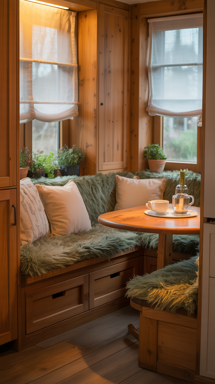 Tiny cottage dining nook with built in bench seating, storage drawers, small wooden table, and cozy cushions.