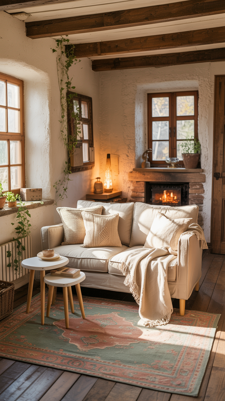 Tiny cottage living room with a petite linen sofa, nesting side tables, vintage rug, and warm natural textures.