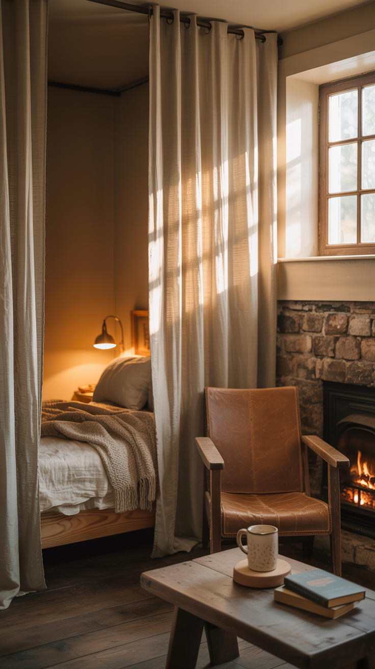 Tiny cottage interior using soft linen curtains to divide a bedroom from the cozy living area.