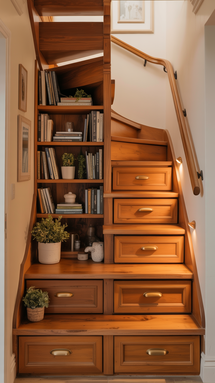Tiny cottage staircase with built in drawers, open bookshelves, warm wood steps, and clever small space storage.