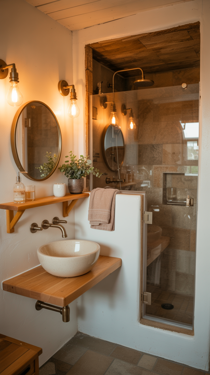 Tiny cottage bathroom with a wall mounted vanity, glass shower, warm white walls, and natural wood details.
