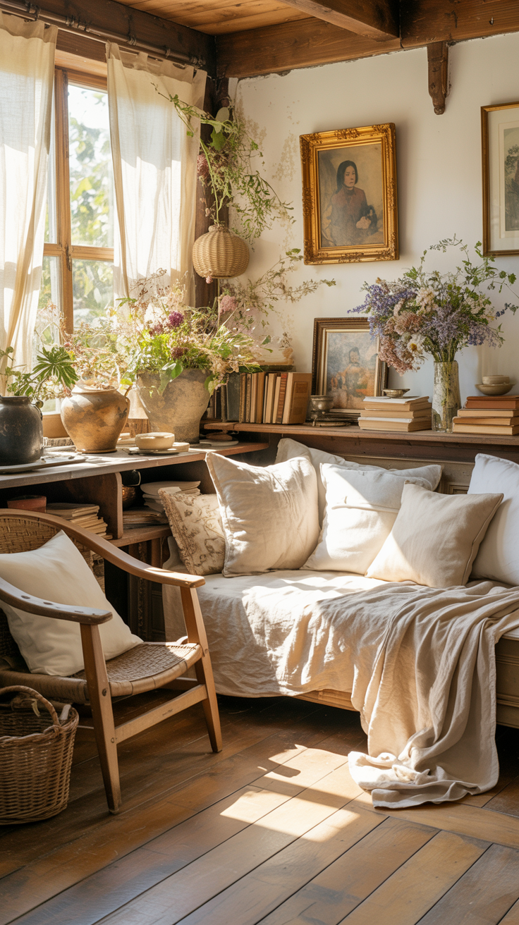 Beautiful tiny cottage interior layered with linen textiles, vintage artwork, warm wood, flowers, and thoughtfully arranged decor.