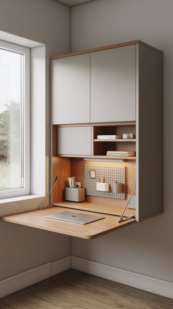 Tiny house fold down desk cabinet with hidden storage, compact workspace, and clean modern styling.