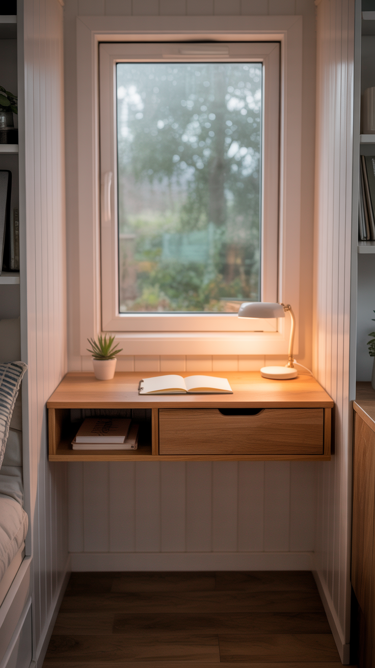 Tiny house desk positioned beneath a window with natural light, a slim wood surface, and compact storage.
