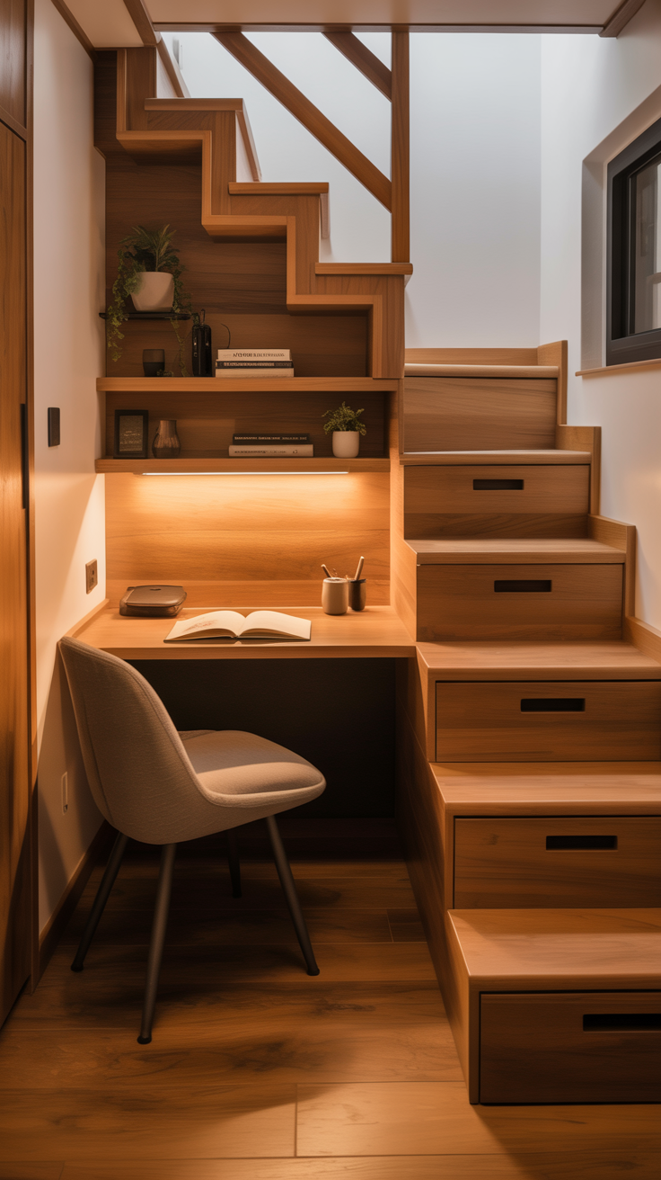 Tiny house staircase with a built in desk, wall shelves, compact chair, and clever under stair storage.