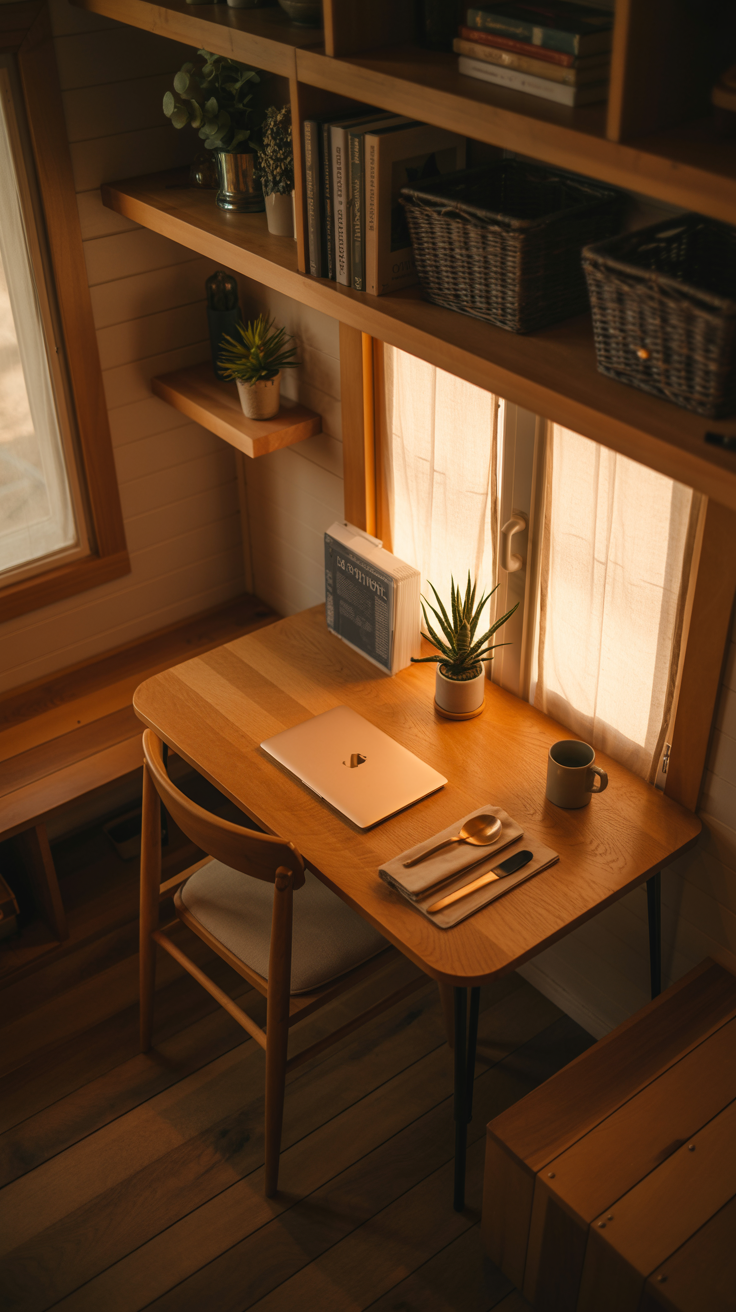 Tiny house interior with a compact wood table used as both a home office desk and dining area.