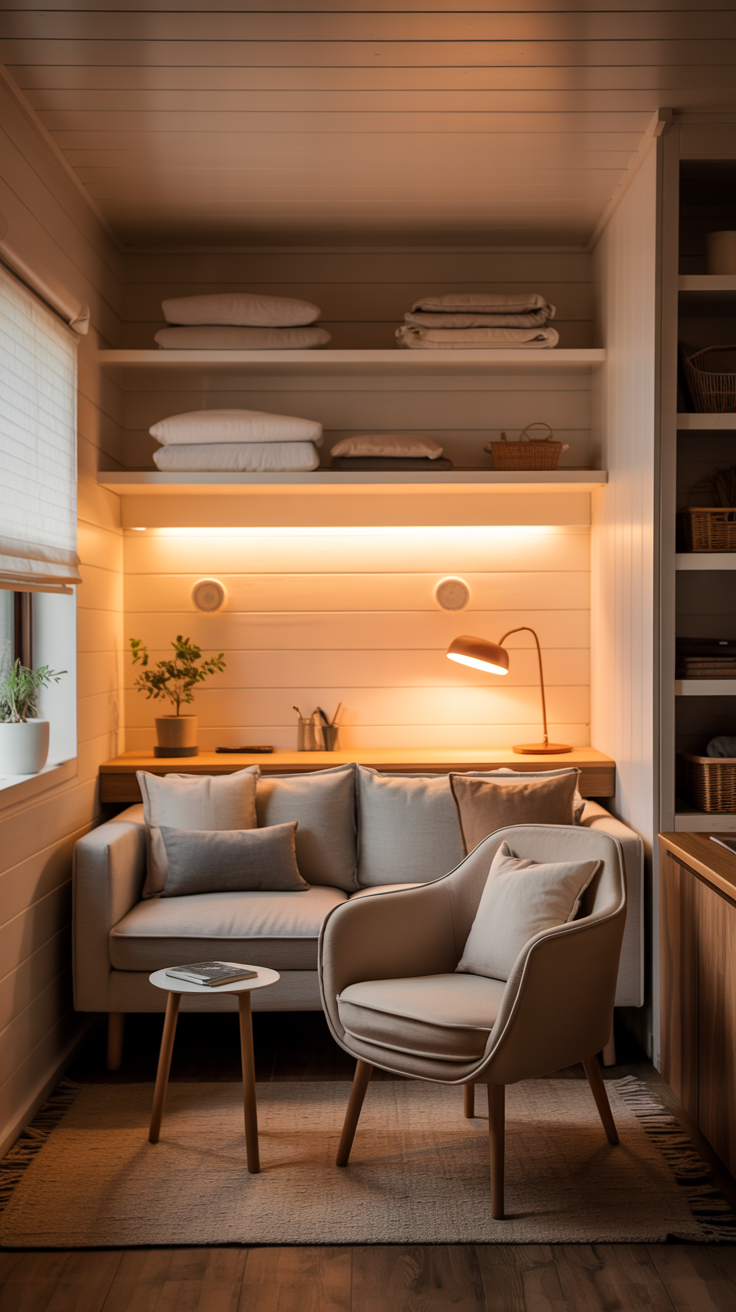 Tiny house living room with a narrow desk positioned behind the sofa, compact chair, lamp, and simple storage.