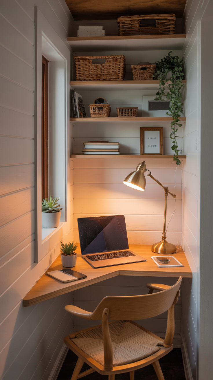 Tiny house corner office with a compact corner desk, floating shelves, task lighting, and organized storage.