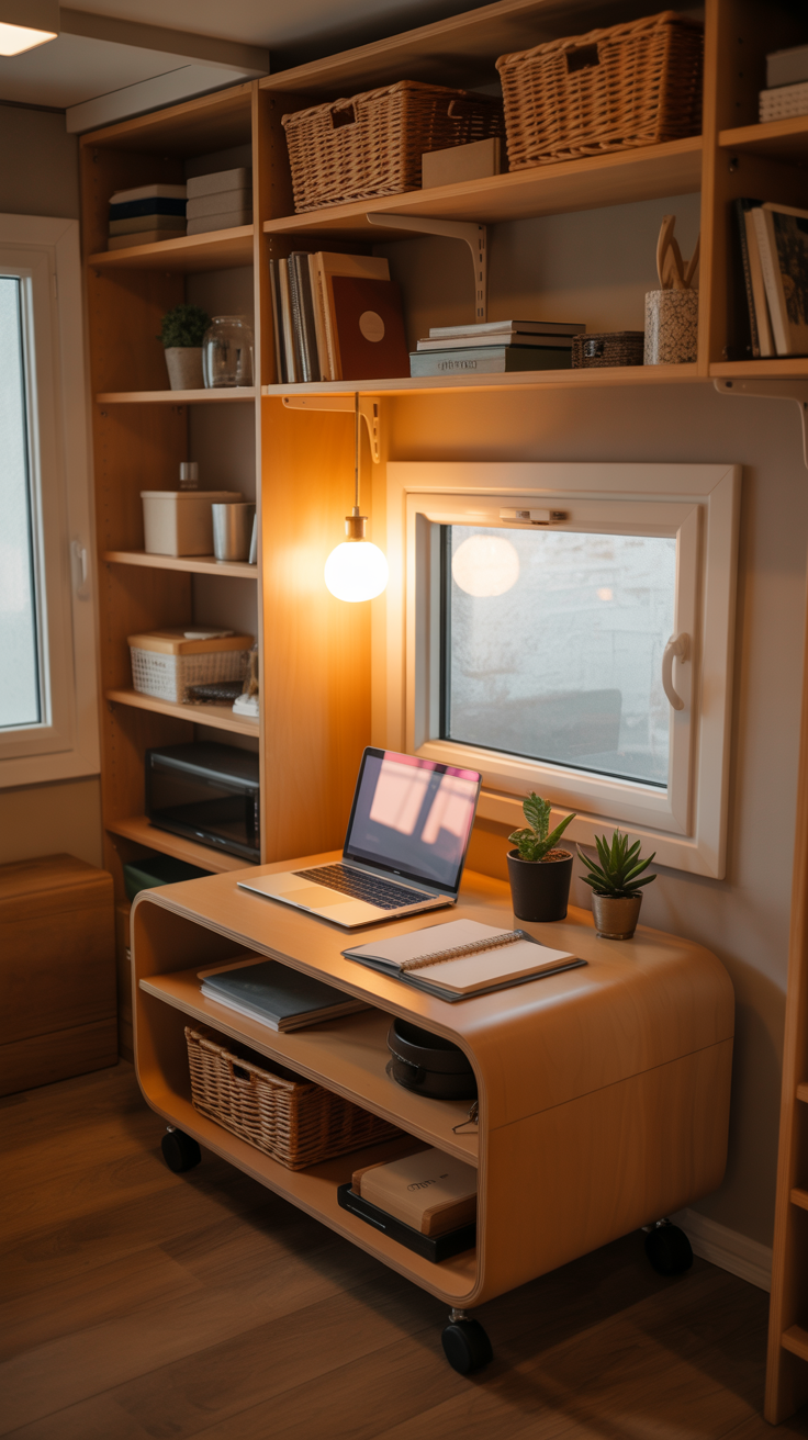 Tiny house workspace with a mobile rolling desk cart, laptop, storage shelves, and flexible multipurpose design.