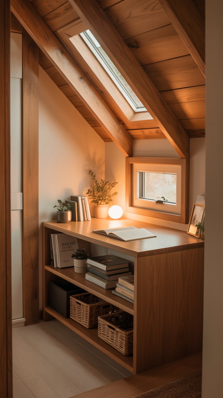 Tiny house loft landing with a compact built in desk, low shelving, warm wood details, and natural light.