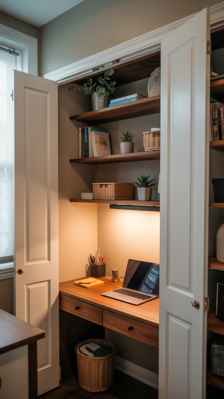 Tiny house hidden office inside a closet with a fitted desk, shelves, task lighting, and doors that close.