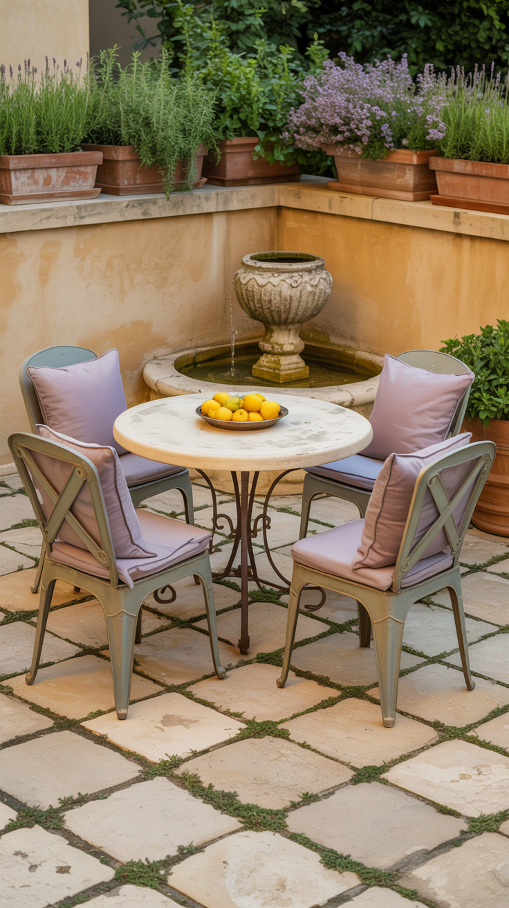 Wide courtyard shot at golden hour: a square of sun-warmed limestone pavers with softly rounded edges and thyme sprouting between cracks, framed by a low honey-colored stone wall topped with terracotta pots overflowing with French lavender and creeping rosemary; center features a round pale-stone table with wrought iron legs, surrounded by distressed metal café chairs in muted sage; a weathered urn fountain trickles gently; add soft lilac linen cushions and a platter of bright lemons; photorealistic, warm Provençal light, subtle lens flare.