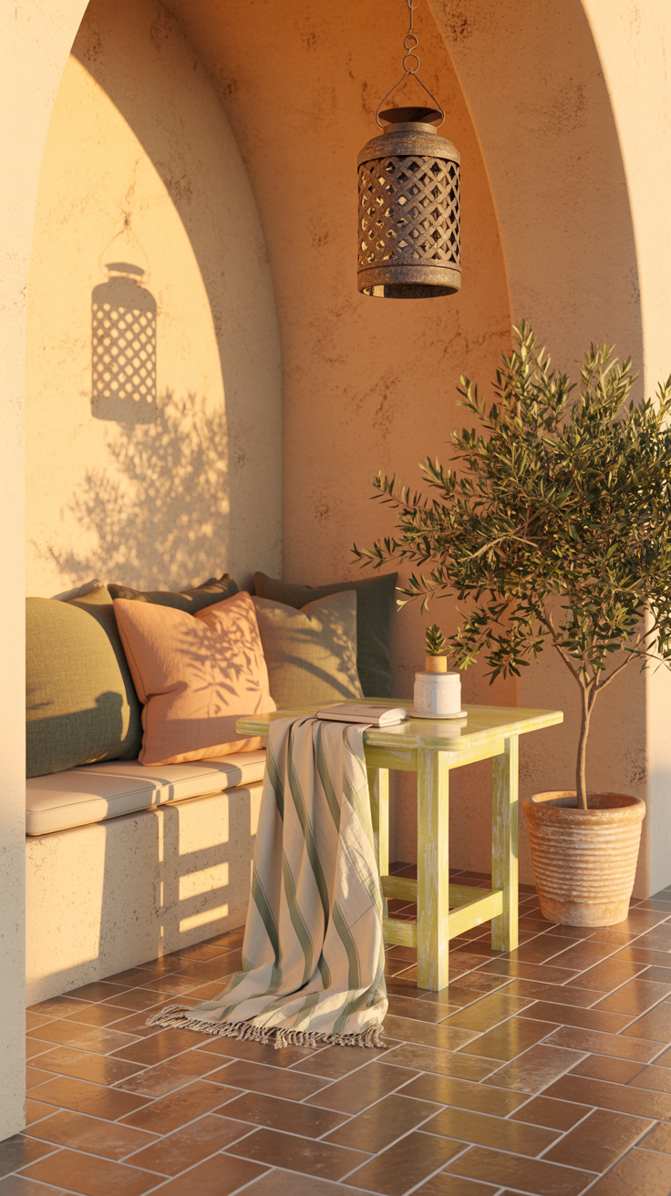 Medium corner nook, late afternoon: herringbone-laid terra cotta tiles underfoot; a built-in warm cream stucco bench with plump cushions in olive green and chalky peach; a miniature olive tree in a hand-thrown planter; a petite wooden bistro table with a limewashed finish; striped cotton throw draped casually; an iron lantern overhead casting soft shadow patterns; intimate, cozy ambiance.