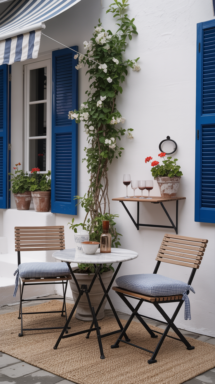 Straight-on street-side vignette: chalky white stucco wall with cobalt blue shutters; round marble-topped café table with delicate black iron legs; two slatted teak folding chairs with blue-and-white ticking cushions; white jasmine trailing up a simple trellis; weathered clay pots with geraniums; a small wall-mounted folding shelf acting as a mini wine bar with vintage glass goblets; jute rug underfoot; striped awning above; crisp morning light, photorealistic.