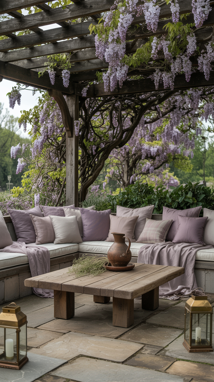 Low, enveloping angle under a pergola: wood pergola swathed in lush wisteria vines dripping lilac blooms; curved stone banquette hugging the perimeter with oversized linen cushions in dusty mauve and parchment; a reclaimed oak coffee table with chunky legs topped with a clay pitcher and wild herbs; aged brass lanterns dotting the stone floor; muted palette of stone, smoke, soft lavender, brushed bronze; dappled shade, dreamy secret-garden mood.