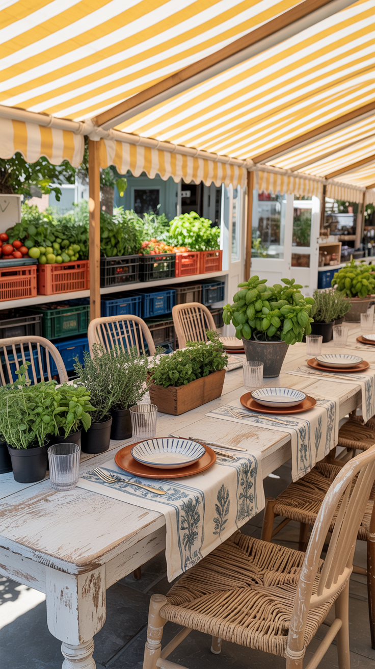Wide dining scene, lively midday: cream-and-lapis striped canvas canopy stretched over wood posts; extendable whitewashed farmhouse table set with mismatched woven rattan and spindle-back dining chairs; table layered with indigo block-printed linens, terracotta plates, pressed-glass tumblers; edges lined with produce-style crates overflowing with potted thyme, basil, and tomato vines; bright, energetic light, festive market-day vibe.