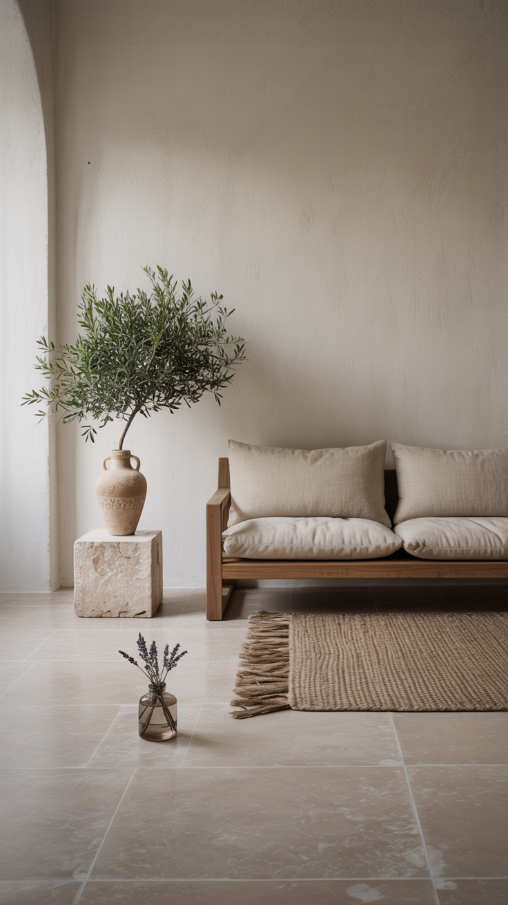 Minimalist composition, medium shot: smooth pale limestone floor with matte finish; warm white stucco walls; low-profile teak sofa with square arms and undyed linen cushions; hand-braided sisal rug adding texture; blocky stone side table; single oversized amphora holding a sculptural olive branch; tiny bud vase with a sprig of lavender as a focal point; serene, soft natural light, hushed palette of flax, stone, soft gray.