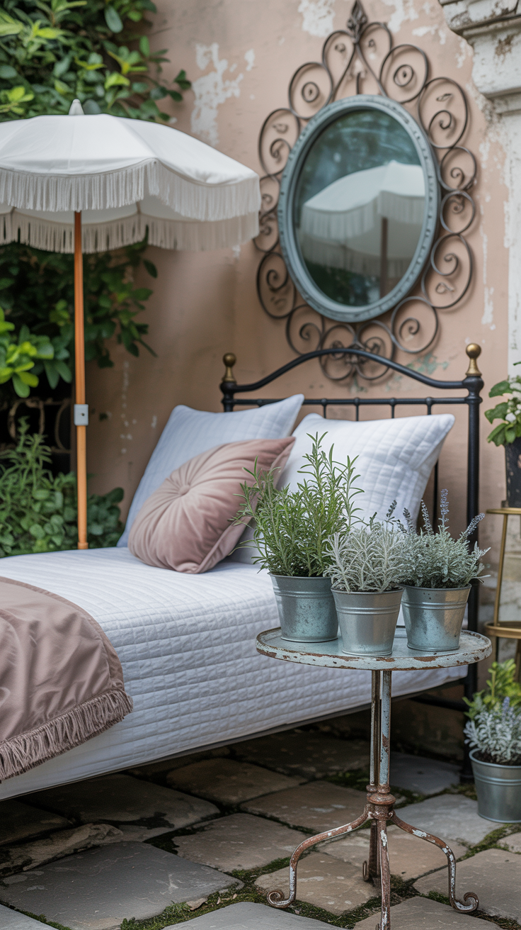 Intimate garden room detail, soft morning light: vintage iron daybed as anchor, dressed in crisp white matelassé bedding with a scatter of blush velvet pillows; petite cast-iron table opposite with peeling paint patina; cluster of zinc planters filled with sage, lavender, and dusty miller for silver-leaf shimmer; filigree iron mirror on the wall bouncing light; fringed parasol leaned nearby; dreamy, romantic, lightly weathered textures.