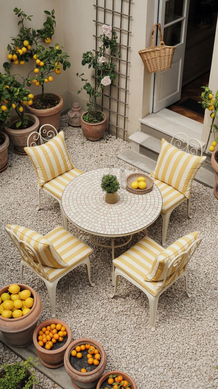 Overhead/angled terrace scene: pale pea gravel surface with a round mosaic-tile table and curved iron chairs in antique white; borders of mismatched terracotta pots holding lemons and kumquats; striped yellow-and-cream seat pads and sunny throw pillows; woven market basket hanging by the door; twine trellis with climbing roses; breezy daylight, scent-evoking citrus grove mood.