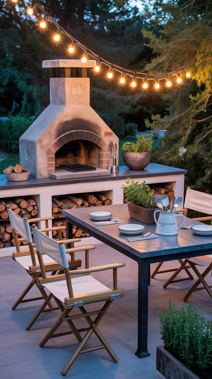Medium kitchen patio action setup at dusk: compact stone-clad outdoor oven centered; zinc-topped prep table adjacent; open cubbies neatly stacked with logs; substantial director’s chairs in bleached teak with removable flax covers around a simple work surface; white enamelware, striped napkins, vintage flatware in a pottery jug; herbs in rustic trough planters; bare-bulb festoon lights glowing overhead; warm, theatrical ambiance.