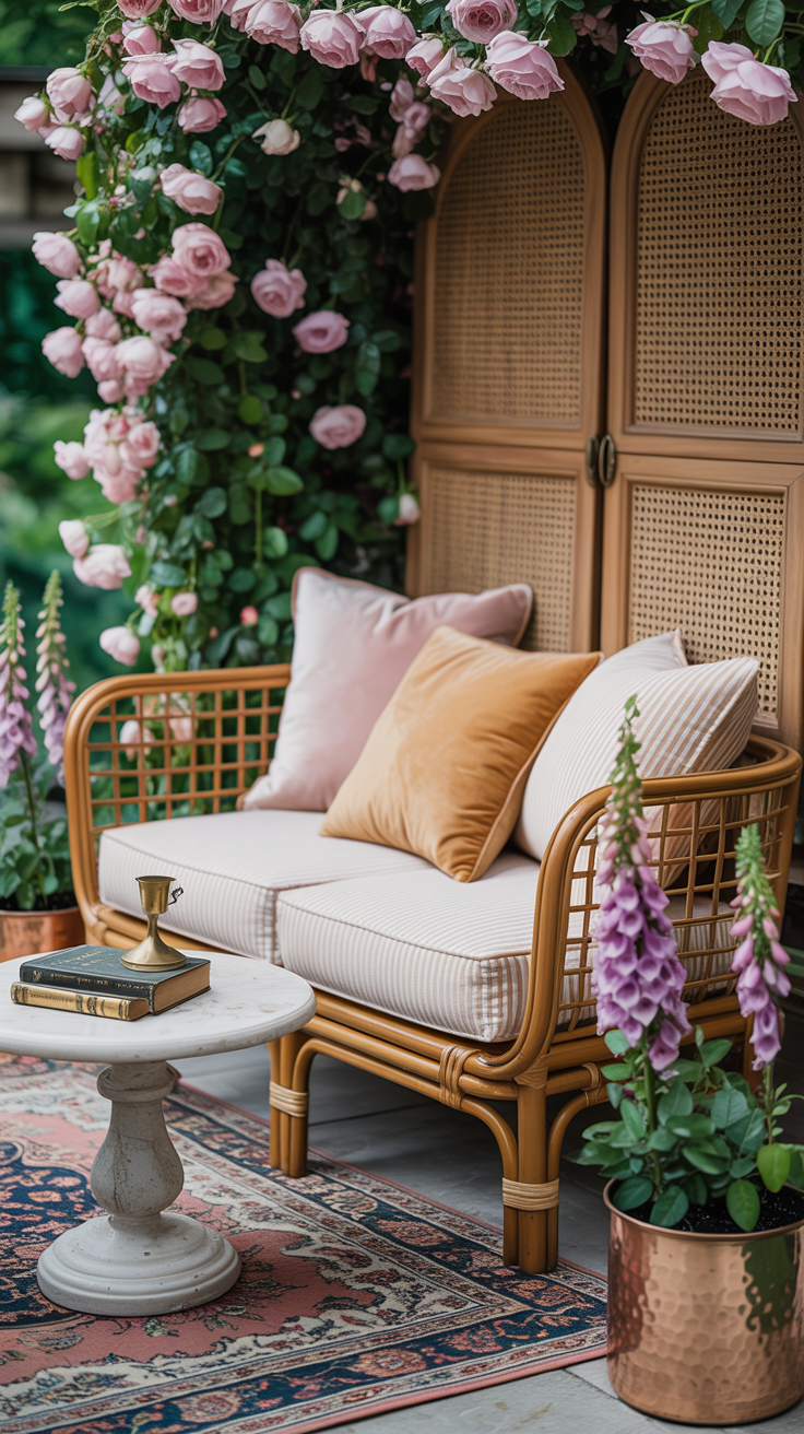 Closeup reading nook detail under roses: honey rattan cane loveseat with layered cushions in blush, oatmeal, and faint pinstripe; rose-draped arch above casting soft floral shadows; small round stone pedestal table holding antique poetry books and a brass candle snuffer; muted Persian-style outdoor rug with faded reds and soft greens beneath; folding cane screen softening the background; hammered-copper planters with foxgloves; tranquil, filtered light.