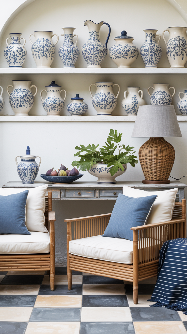 Straight-on pottery vignette, medium shot: low shelf lined with blue-and-white Provençal pottery—vases, pitchers, lidded jars—hand-painted with vines and florals; pair of slatted acacia armchairs with cloud-soft white cushions and denim-blue pillows; checkerboard stone tiles underfoot in chalk and dove gray; chippy console table displaying a bowl of fresh figs and a wicker lamp with a linen shade; navy striped outdoor throw; bright, summery clarity.