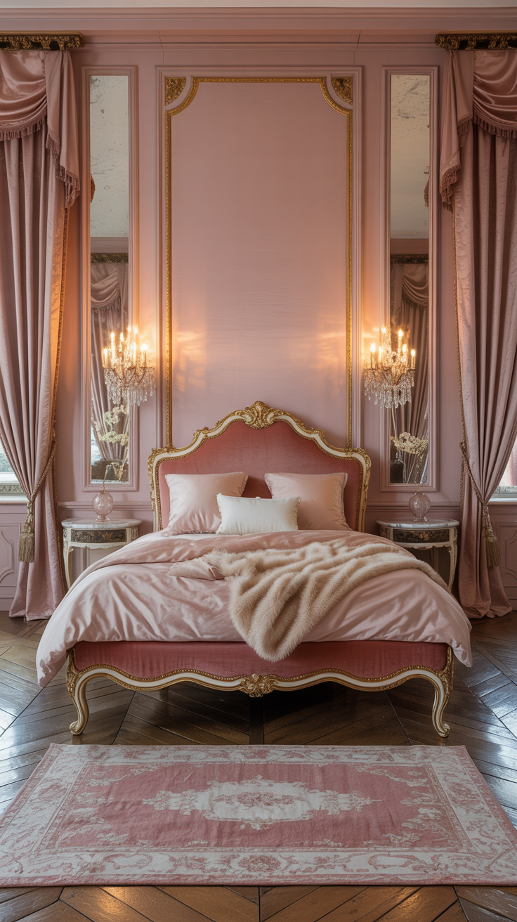 Wide room shot: A blush-pink Parisian Rococo bedroom with satin-sheen walls and gilded boiserie panels, centered on a carved Louis XV bed upholstered in rose velvet with gold nailhead trim. Flanking the bed are petite marble-topped nightstands with crystal-drop sconces above. Silk drapes with tassel tiebacks frame tall windows; pale blush sateen bedding and a cream mohair throw layer the bed. Herringbone oak flooring is partially covered by a washed Persian rug in dusty rose and champagne. An antique trumeau mirror hangs above a slim console, bouncing warm, golden evening light around the room; photorealistic, straight-on view.