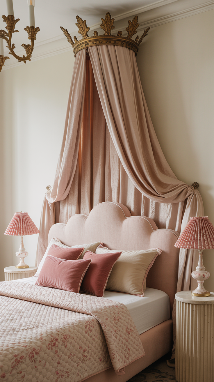 Medium shot: A romantic canopy bed scene against creamy-white walls, featuring a pale-strawberry crown-mounted canopy that pools on the floor in soft linen folds. The upholstered blush linen bed has scalloped edges; fluted bedside tables hold petite lamps with pink chintz pleated shades. Accents of pale gold glint from a gilt tole chandelier with floral arms overhead. Textures include velvet pillows and a quilted matelassé coverlet in strawberry and cream; soft diffused daylight, angled corner view.