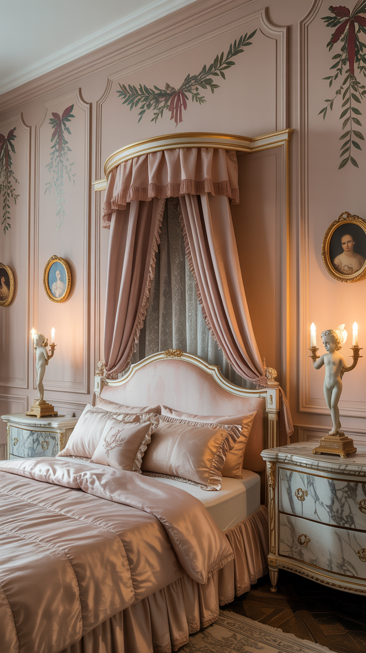 Medium-wide shot: An old-world bedroom wall with soft powder-pink paneling, curvy molding, and hand-painted garlands and ribbons in the corners. In front stands an oval-backed French bed frame in ivory with blush silk upholstery, paired with a marble-and-gilt commode serving as a statement dresser. Cherub sconces glow warmly on either side. Bedding shows a blush silk duvet with embroidered euro shams and ruffled-edge pillows; café-length lace curtains hang under draped pink taffeta at the window. Small oval portraits in ormolu frames are sprinkled along the panels; photorealistic, straight-on elevation.