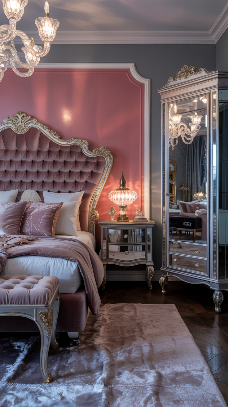 Wide shot: Glam Rococo bedroom with a rose-pink lacquer accent wall behind a sculptural tufted headboard in dusty mauve velvet. Mirrored nightstands with curved legs and crystal knobs flank the bed; a Murano-style glass chandelier sparkles overhead. Across the room, a mirrored French armoire reflects the scene. Color story of rose, mauve, smoke gray, and antique silver, grounded by a silky soft-gray viscose rug; subtle gilded rocaille motifs on a modern bench at the foot of the bed. Evening lighting with layered reflections, three-quarter angle.
