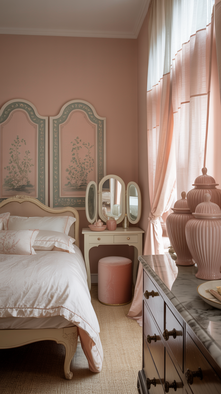Medium shot: Airy ballet-slipper pink walls showcasing two blush-and-sage Chinoiserie panels used as a headboard substitute. A cream cabriole-leg bed is dressed with a duvet edged in silk piping. Nearby, a petite dressing table with a three-part vanity mirror and a pink velvet stool. Soft white linen drapery with blush banding frames the window; brushed brass hardware with porcelain knobs; a cluster of pale pink ginger jars styled on a mantel. Soft natural morning light, gentle vignette.