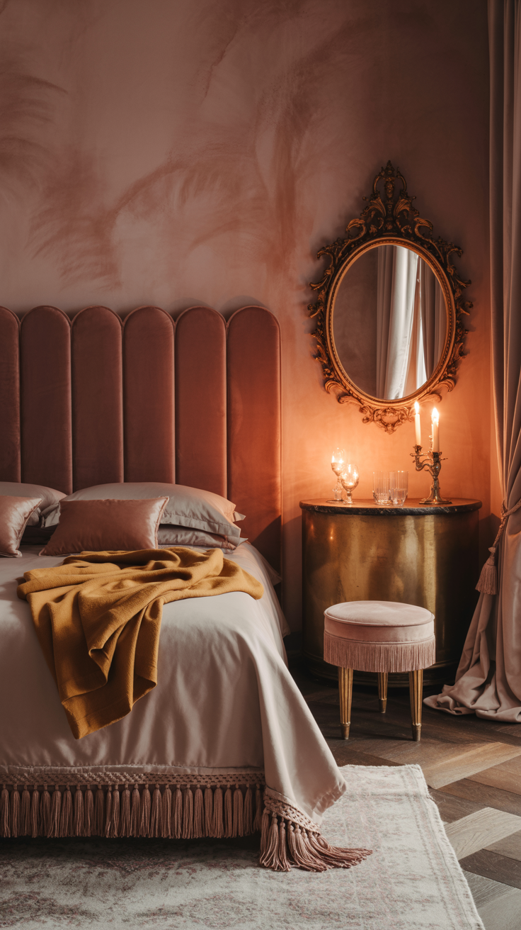 Closeup detail: Textural vignette of an antique-rose wall meeting a merlot-rose scalloped velvet headboard with bullion fringe at the base. In frame: fluted upholstered bench with tassel trim at the foot of the bed, a glimpse of velvet curtains, and a bronze-and-crystal sconce casting a moody glow on gilded accents. A corner of a bombe chest is visible with an oval baroque mirror above; tactile emphasis on velvet, silk sheets edge, and cashmere throw folded nearby; low, warm lighting.