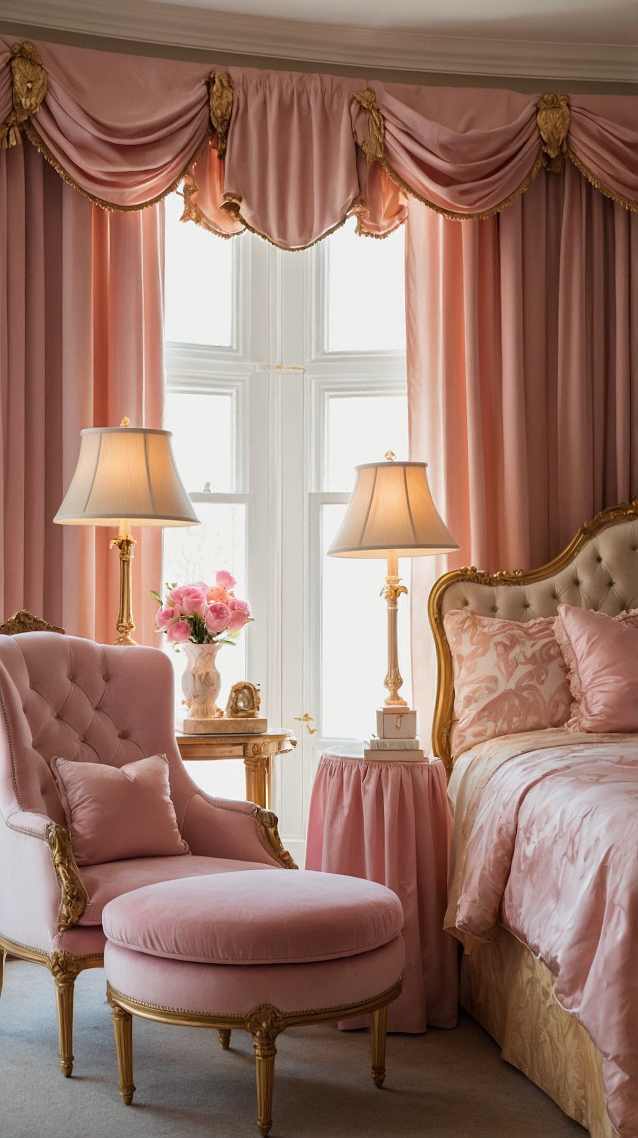 Medium shot: Luxurious vignette with an oversized shell-shaped headboard in ballet pink velvet framed in hand-gilded wood. Nightstands show pastel marble tops with pink and cream veining and scalloped aprons; a serpentine-front dresser with ormolu mounts echoes rocaille curves. Silk curtains with shell fringe trim frame the scene; palette of pink, ivory, pearl, and warm gold. A pastel marble fireplace surround glows softly in the background; golden hour light at a slight angle.