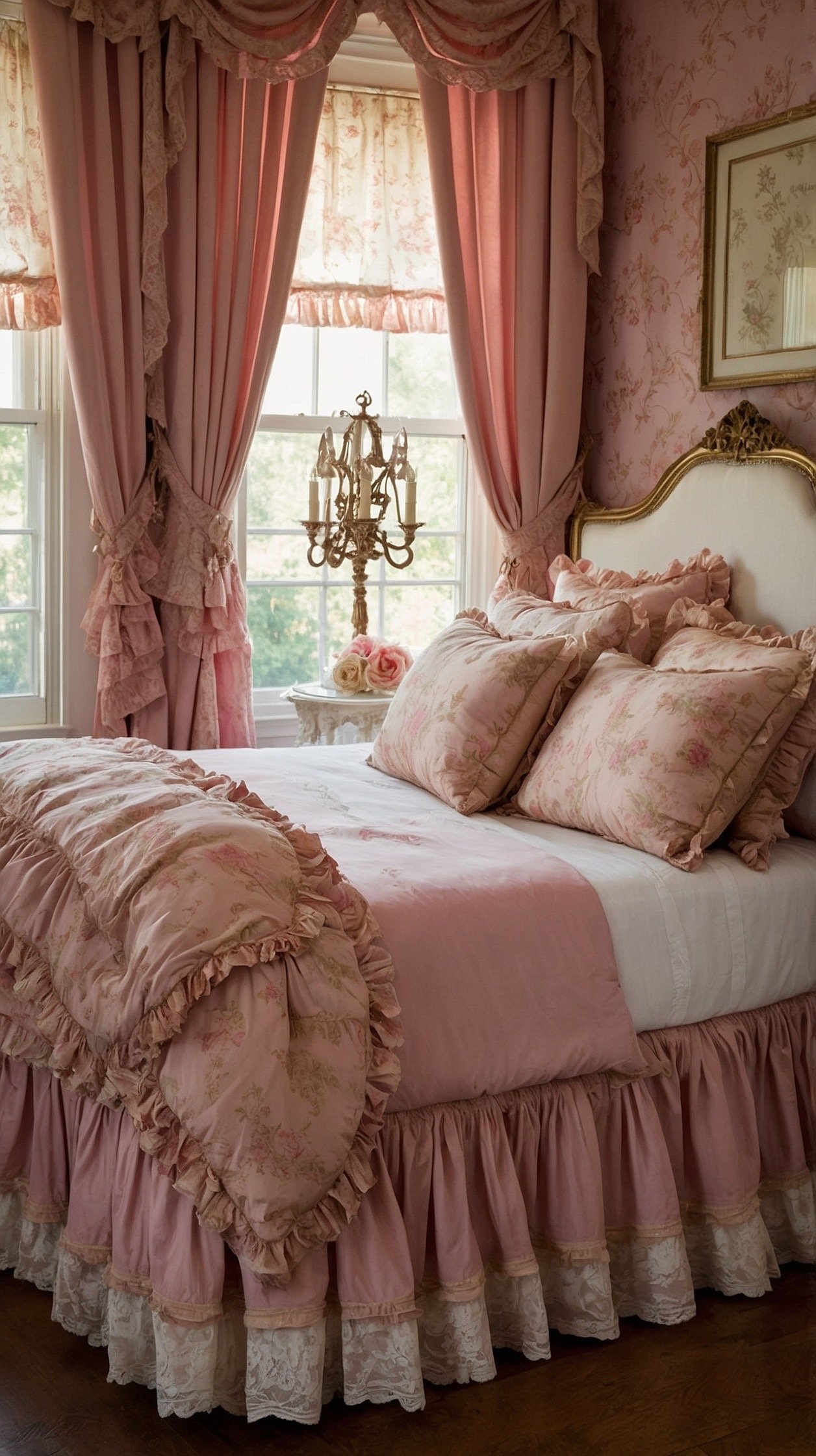Detail closeup: Bedscape in a dusty rose room, focusing on pink-and-ivory French toile duvet and shams depicting pastoral scenes. Ruffled bed skirt peeks below; layered lace sheers under toile curtains are softly backlit. Ribbon-bowed curtain tiebacks and a petite cabriole side table with a small gilt chair (cane back, rose cushion) edge into frame. Overhead hangs a petite crystal chandelier with ribbon-detail chains, catching delicate highlights; intimate, softly diffused light.
