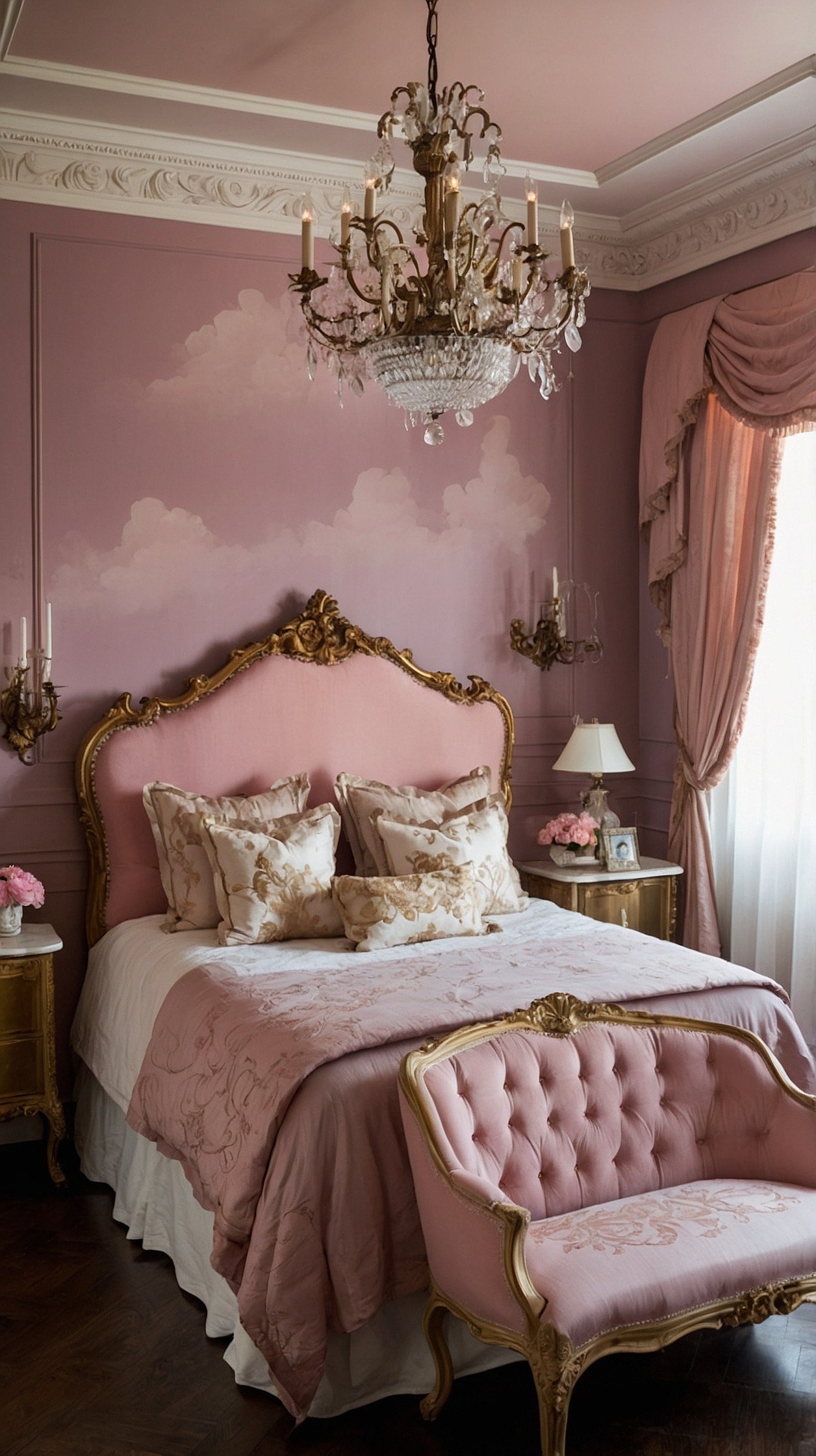 Wide focal wall shot: Hand-painted mural in mauve and blush—clouds, florals, and sweeping landscape—framed by carved cornices and pink-painted molding like a grand artwork behind the bed. A low, curvy ivory linen headboard allows the mural to shine. In front, a rococo console holds candelabras with pink taper candles. Dark-stained wood floors anchor the pastels; ceiling in pale cloud-gray with a gilt medallion around the chandelier. Warm, layered candlelight mixed with soft ambient light; straight-on gallery-style view.