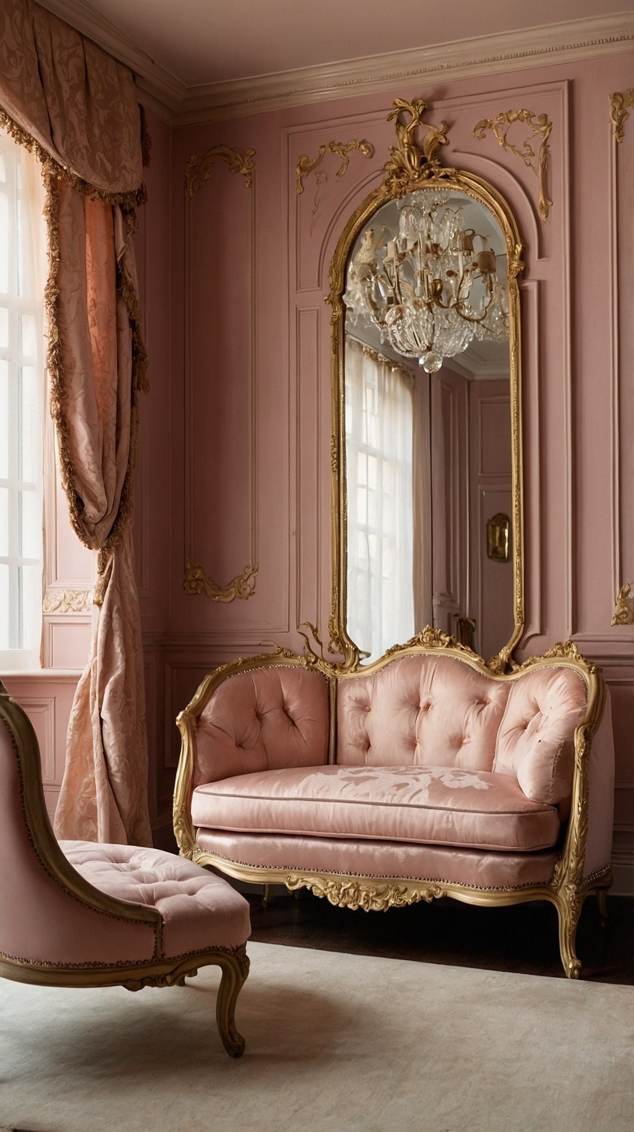 Medium shot: Rosé-and-pearl suite featuring a three-panel Rococo screen as a theatrical headboard—rosé silk upholstery with pearl beading and gilt frames. Walls in soft pearl white; a curvy chaise in dusty blush sits by the window. Serpentine dressers hold pearl-luster lamps; metals are pale gold with mother-of-pearl inlay accents. On the vanity, baroque pearls are displayed under a glass cloche. Gentle morning light, slight corner angle.