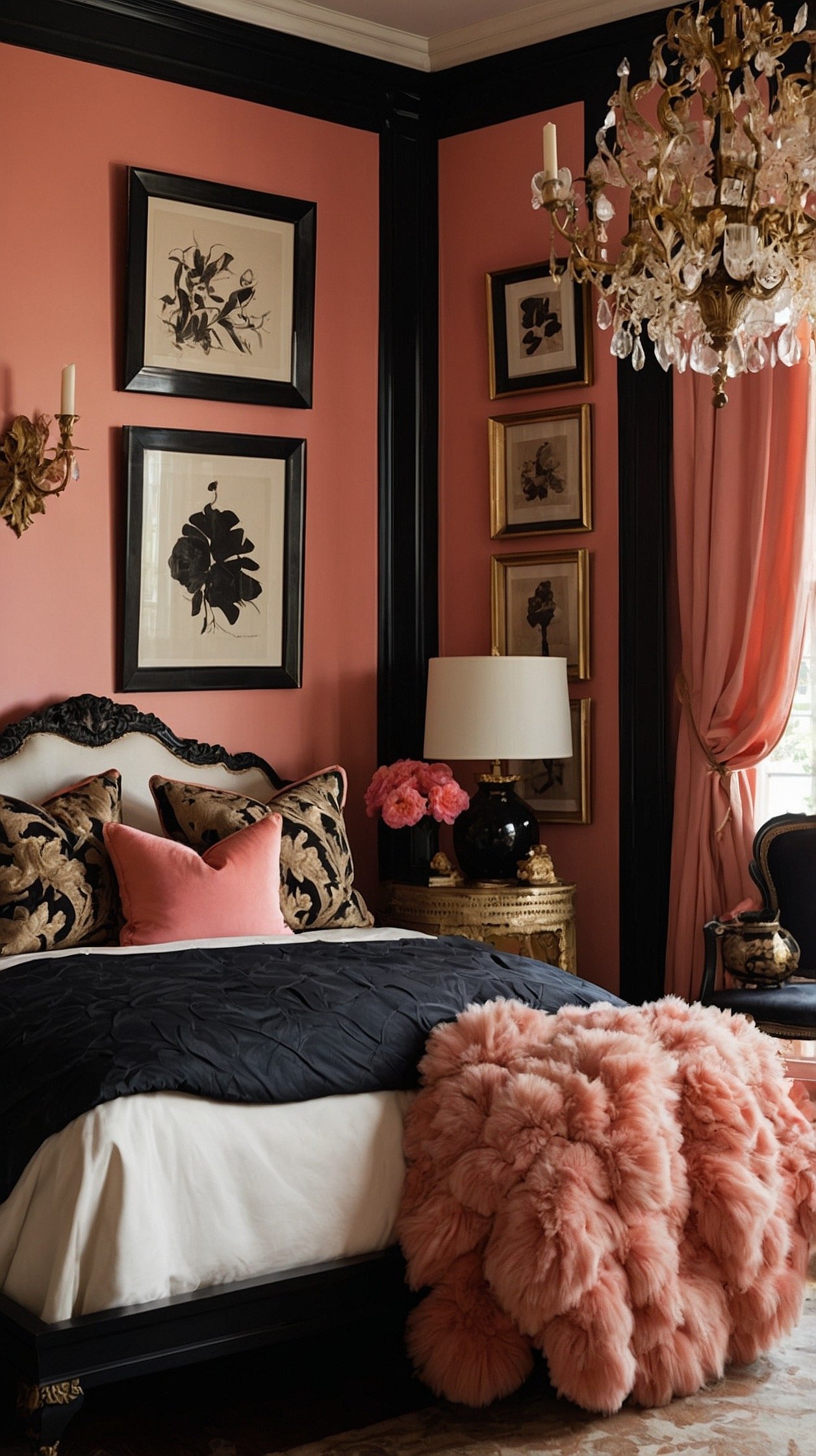 Medium-wide shot: Soft coral-pink walls contrasted by antique black-lacquer pieces with gilt detailing—black bombe nightstands with delicate gold pulls flank a coral velvet scalloped headboard. Black-and-gold picture frames with sepia sketches create a collected gallery above. Textiles include coral sateen sheets, an ivory quilt, and black silk fringe pillows. A black tole chandelier with gold leaf accents hangs overhead; a black-lacquer folding screen echoes the nightstands in the corner. Warm, balanced evening lighting; three-quarter room view.