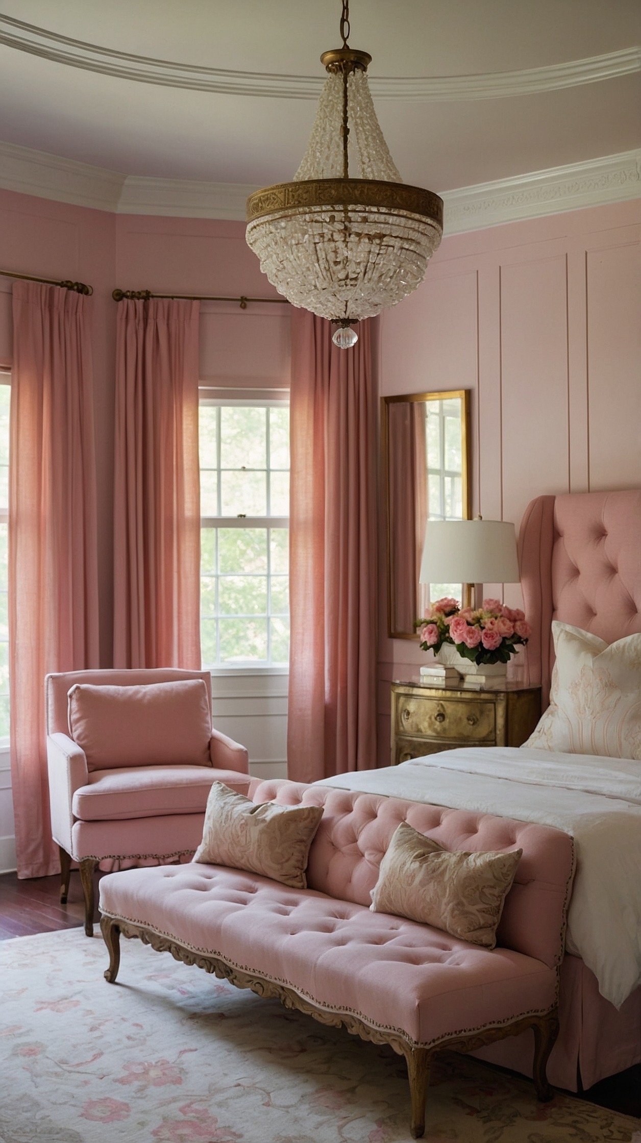 Wide shot: Petal-pink monochrome bedroom where walls, trim, doors, and ceiling are all painted the same soft tone, creating an enveloping shell. A painted wood headboard with low-relief scrollwork is the focal point, echoed by a curvy dresser and side chairs. Metals are muted: antique brass pulls only. The bed is made with crisp white linen featuring blush hemstitch detail; a pale rose wool rug with a tone-on-tone pattern grounds the space. Overhead hangs a porcelain chandelier with floral arms, also painted pink; soft, even daylight, straight-on symmetry.