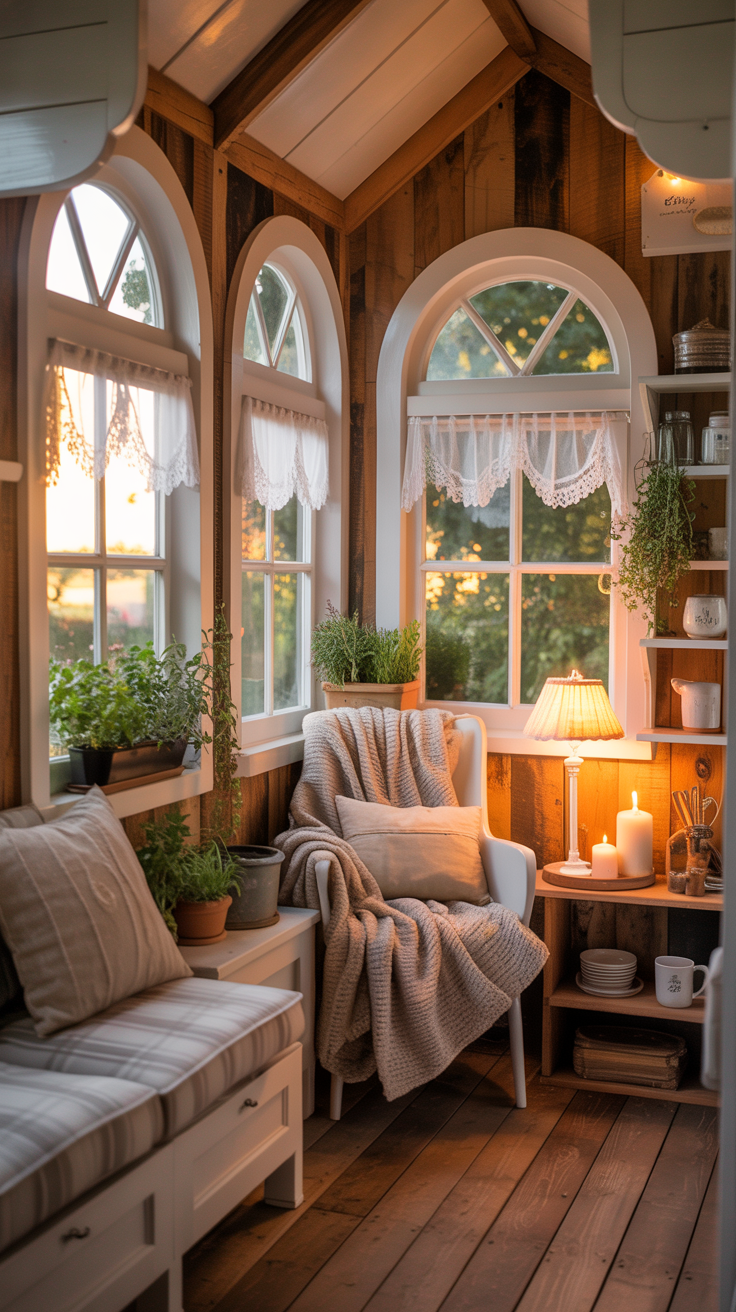 Tiny house converted from a garden shed with cottage style windows, warm wood interior, white walls, and cozy decor.