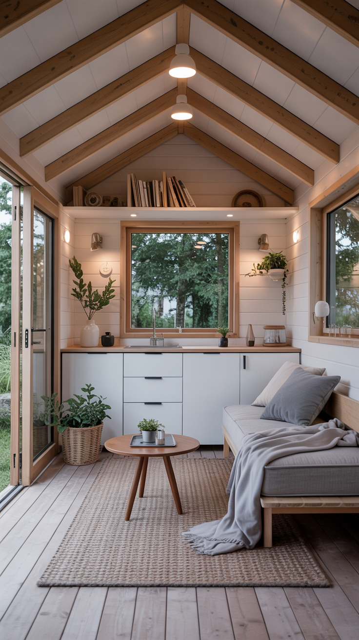 Modern Scandinavian shed converted into a tiny home with pale wood, white walls, large windows, and minimalist furnishings.