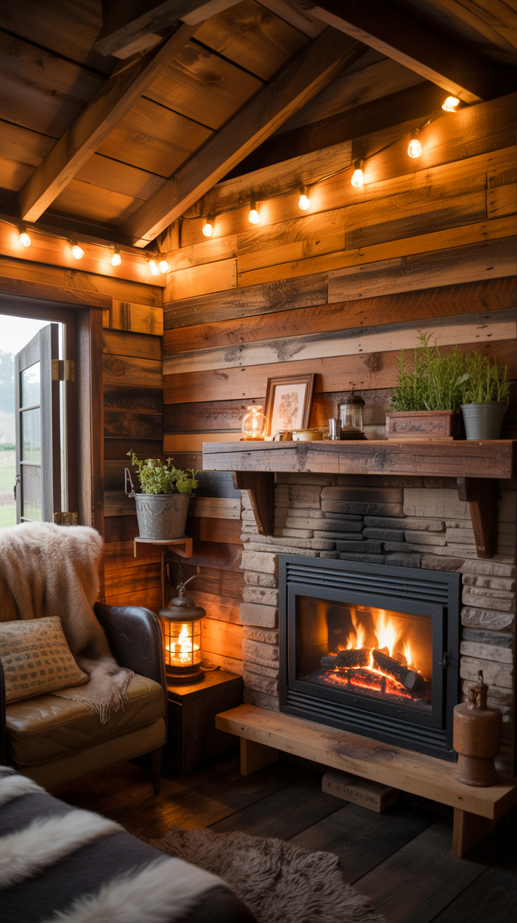 Rustic shed converted into a tiny cabin with reclaimed wood walls, exposed beams, cozy fireplace, and warm lighting.