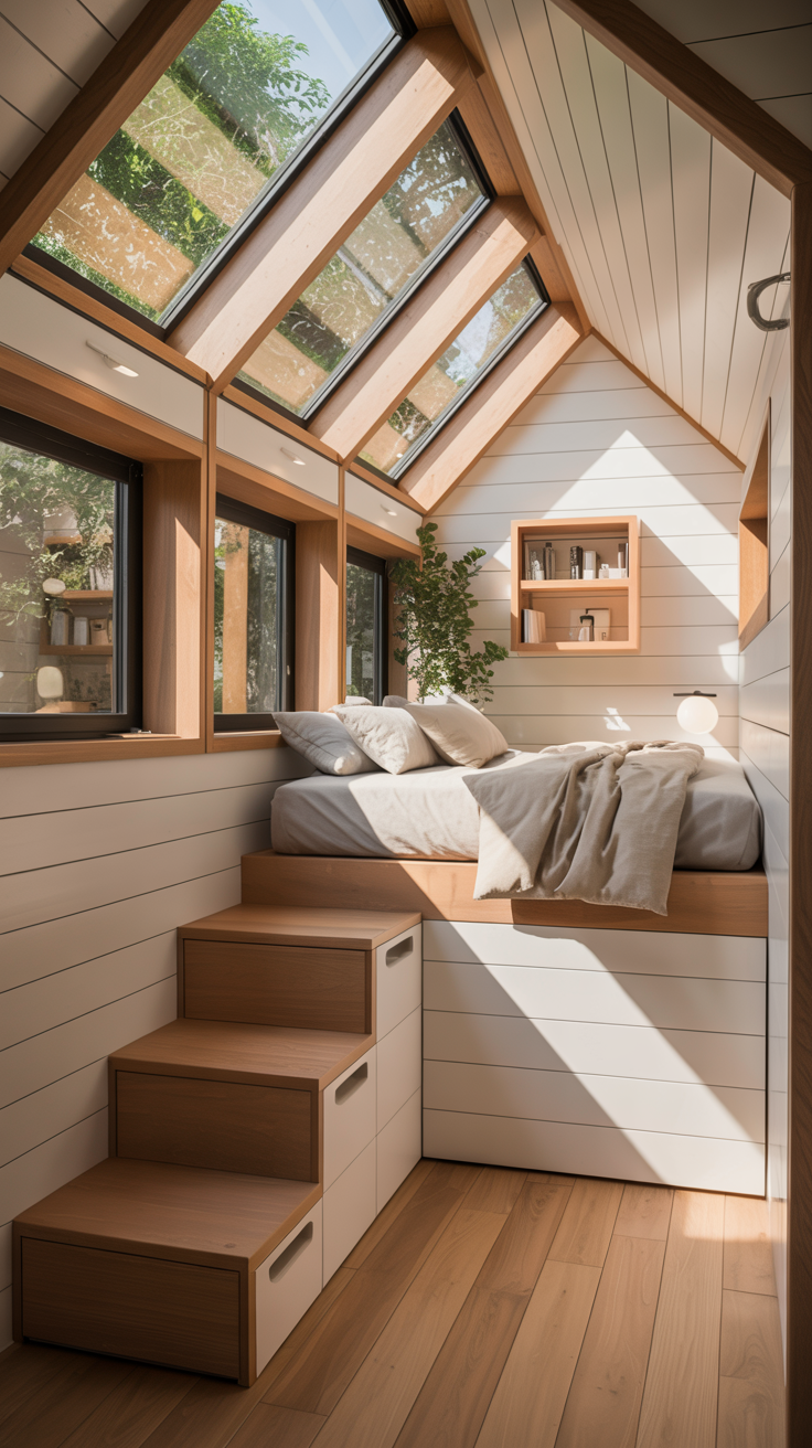 Shed tiny house with a loft bedroom, compact staircase, skylights, and built in storage beneath the stairs.