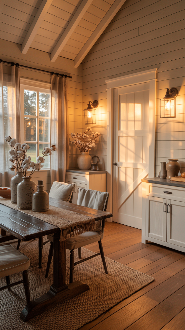 Farmhouse shed conversion with shiplap walls, black hardware, warm oak flooring, and cozy country style decor.