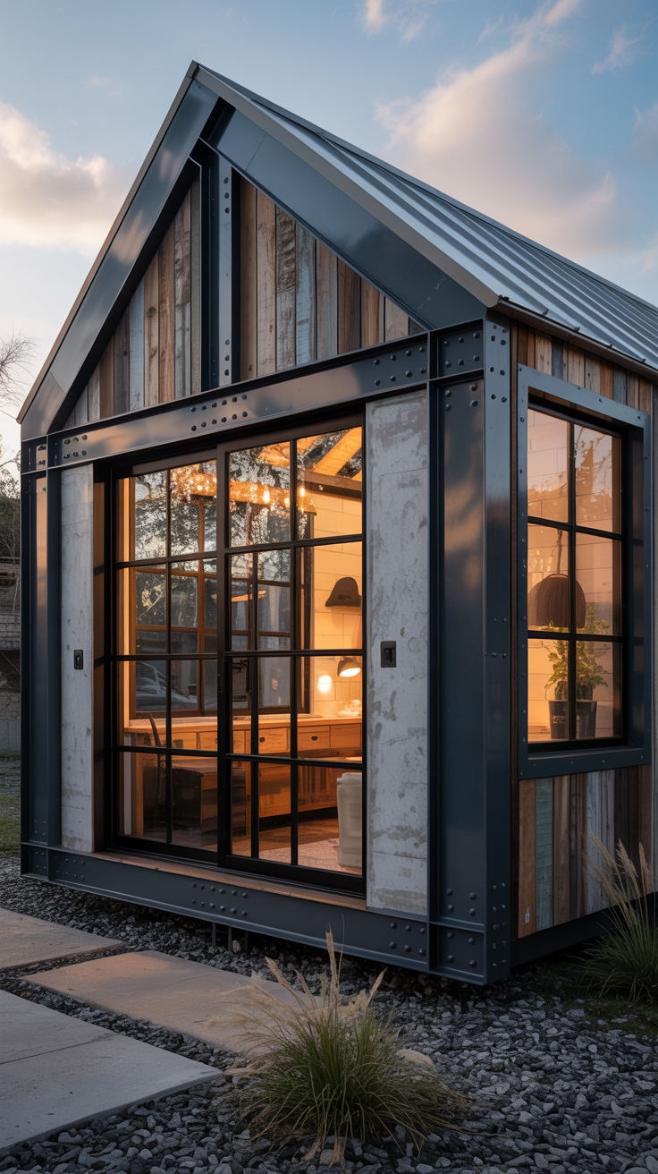 Industrial style shed converted into a tiny house with black steel accents, reclaimed wood, concrete finishes, and large windows.