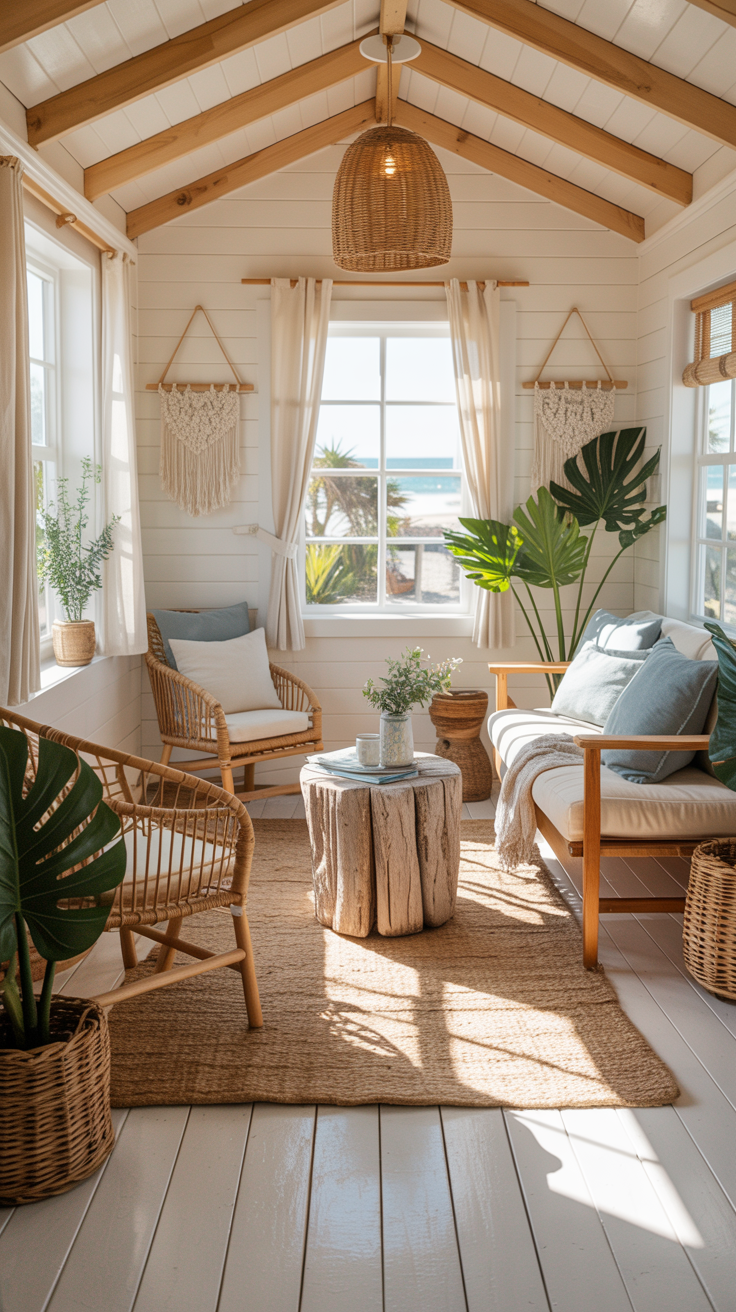 Tiny shed house with coastal decor, white walls, natural wood, blue accents, woven textures, and bright airy interiors.