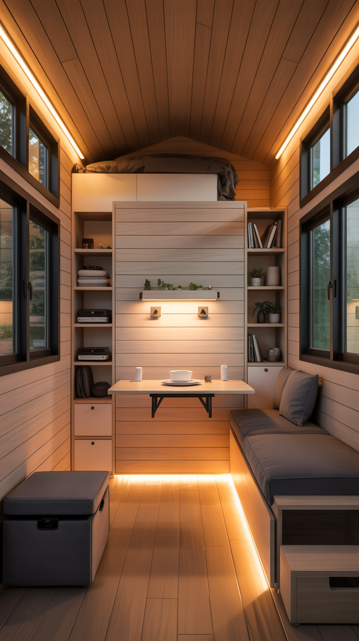 Shed tiny house featuring fold down dining table, Murphy bed, compact storage, and multifunctional furniture.