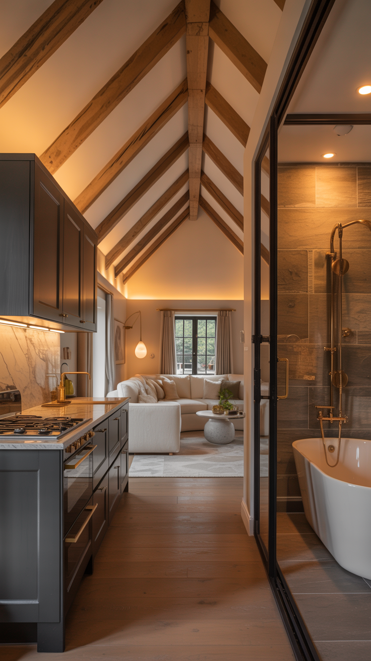 Luxury shed converted into a guest house with vaulted ceiling, elegant bathroom, modern kitchen, and designer finishes.